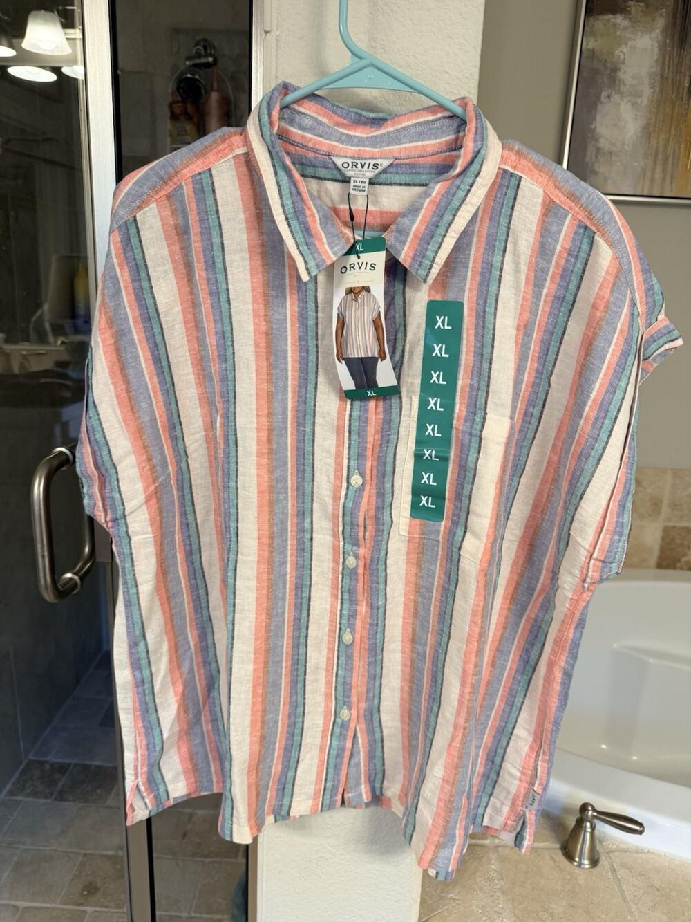 Orvis Womens XL Linen Blend Striped Shirt Lightweight Button Up Coastal Top NWT